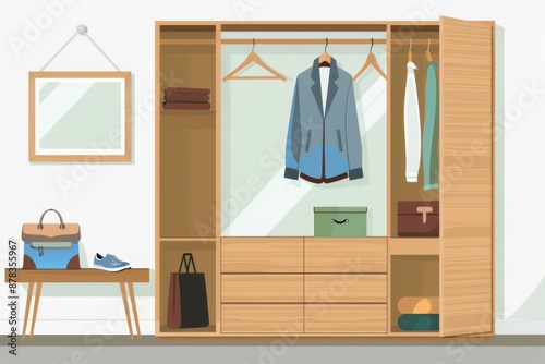 Minimalist wardrobe interior design with a wooden cabinet, mirror and on hangers at home or apartment background