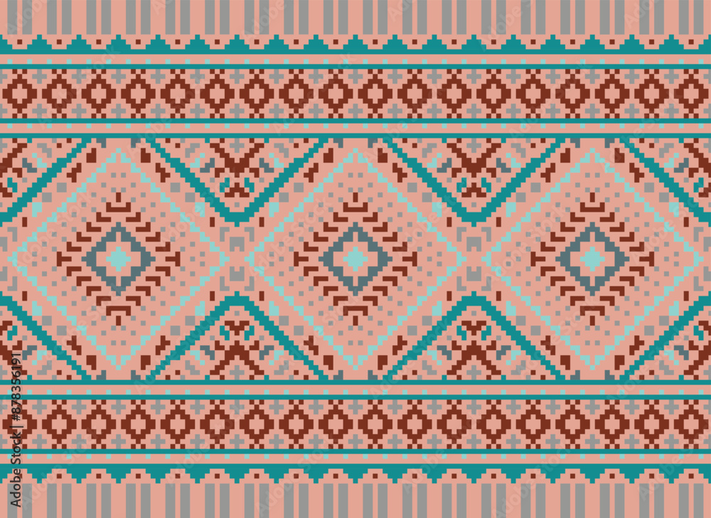 flower embroidery on cream background. ikat and cross stitch geometric seamless pattern ethnic oriental traditional. Aztec style illustration design for carpet, wallpaper, clothing, wrapping, batik. flower embroidery on cream background. ikat and cross stitch geometric seamless pattern ethnic oriental traditional. Aztec style illustration design for carpet, wallpaper, clothing, wrapping, batik.