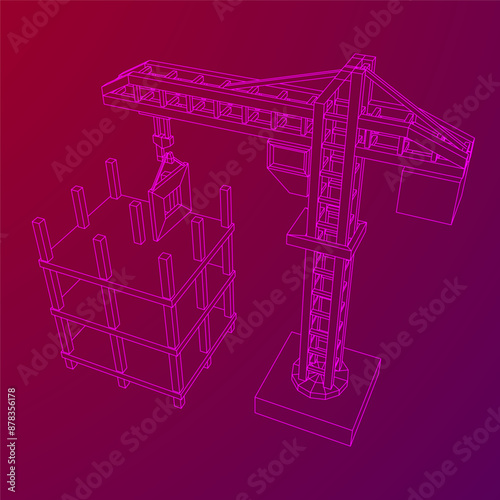 Construction crane tower. Building under construction industrial concept. Wireframe low poly mesh vector illustration.
