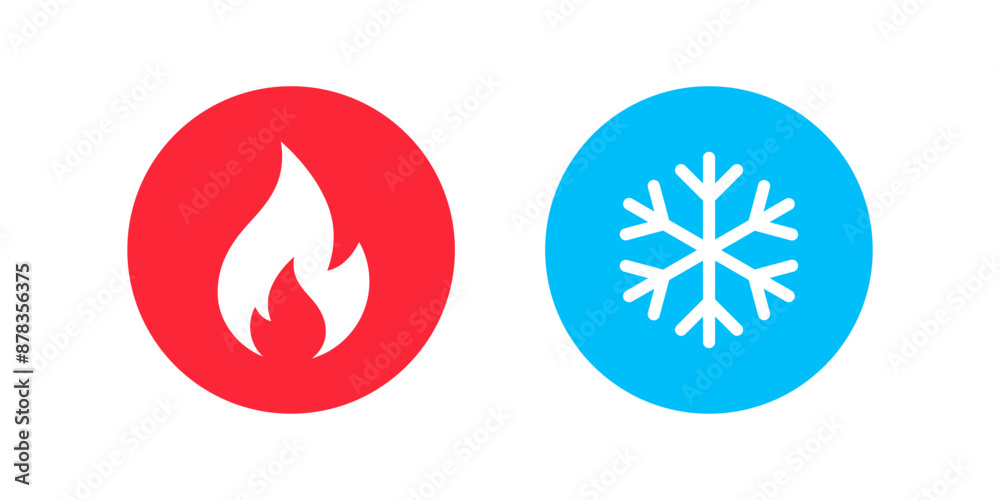 Hot and cold icon set. Heat and freeze vector illustration. Cool and warm temperature symbol. Red fire and blue snowflake sign. Climate control buttons.