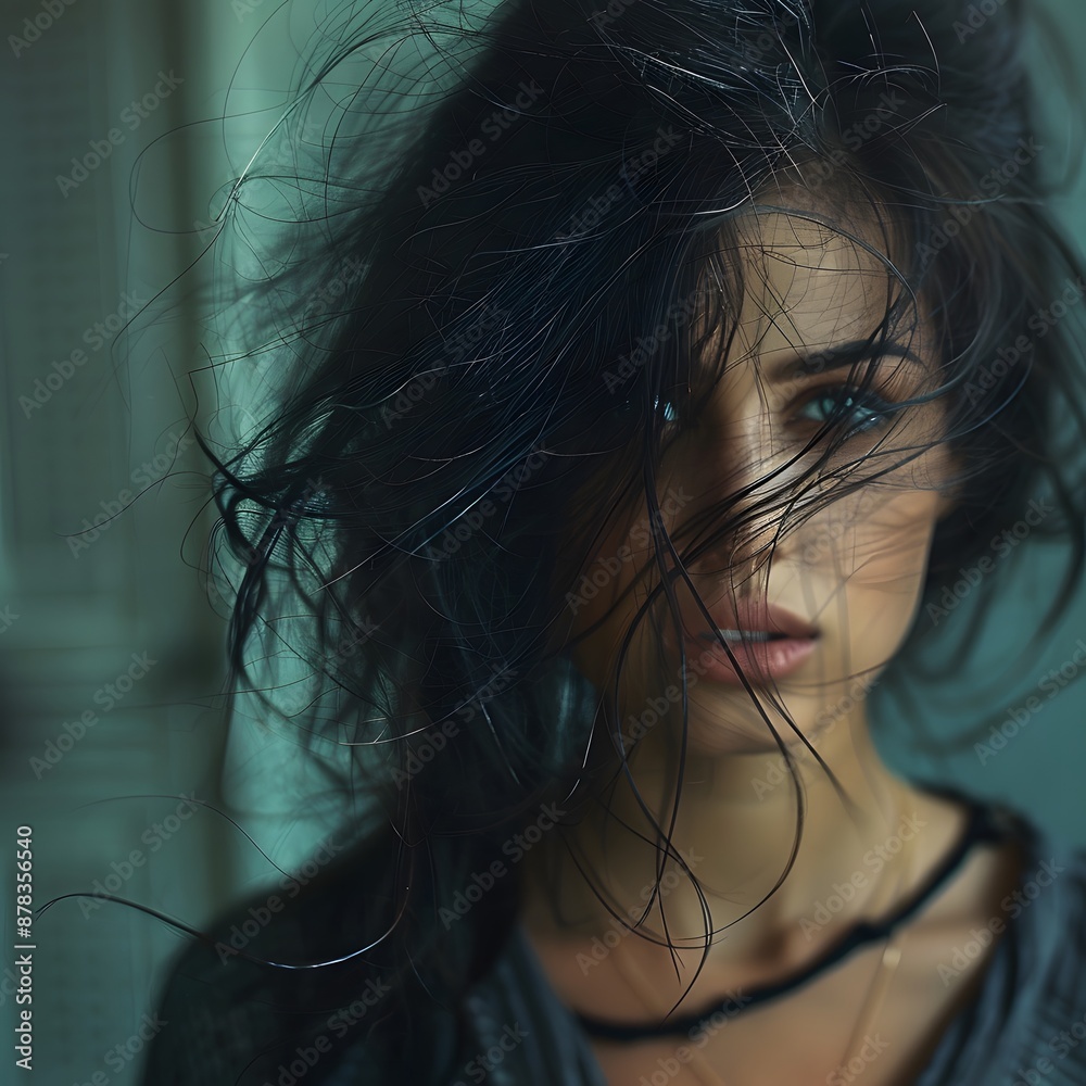 Woman with Windblown Hair and Intense Gaze