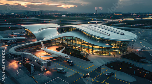 Aerial view small airport, white metal panels steel frames glass facade angular roof design curved edges, planes parked at their gates opposite side of its facade luxury. Generative AI.