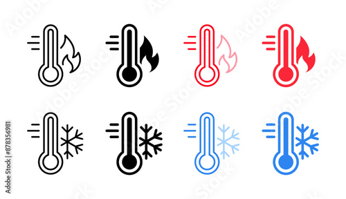 Hot and cold temperature icon set. Thermometer with snowflake and fire vector illustration. Warm and cool weather indicator. Winter and summer climate symbol. Thermometer temperature sign.