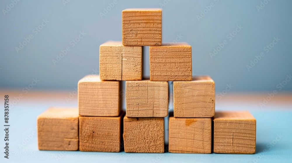 Constructing a pyramid of wooden blocks to illustrate business success Constructing a pyramid of wooden blocks to illustrate business success
