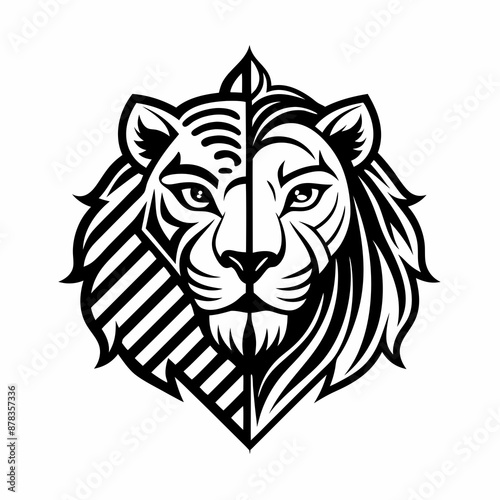  a symmetrical artistic illustration merging a lion's and tiger's faces, symbolizing strength and duality.