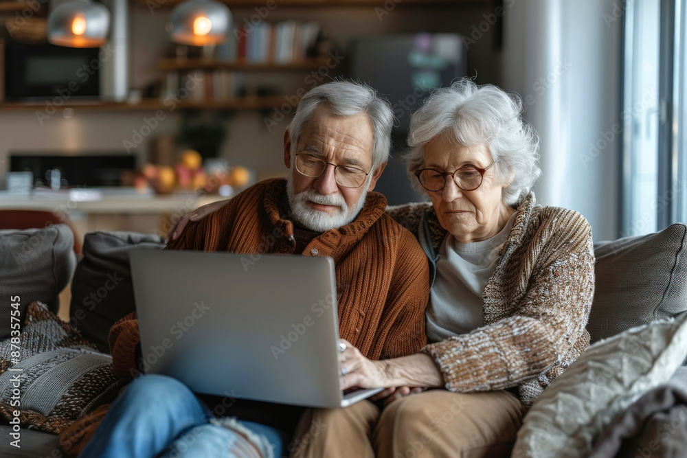An elderly couple is sitting on a couch, attentively looking at a laptop, appearing focused and engaged in a modern, cozy home setting.