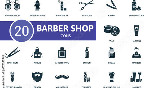 Barber Shop icon set. Barber Shop, Barber Chair, Hair Spray, Scissors, Razor, Shaving Foam, Wax, Hair Gel, Hair Iron, Apron icons and more