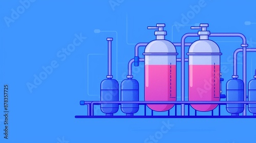 Flat design illustration of advanced purification technology for health and balance, vibrant colors, minimalistic design, clean water and air solutions, ecofriendly innovations