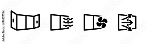 Window air ventilation icon set. Wind circulation symbol. Open window sign. Room conditioning vector illustration. Fresh air flow pictogram. Aeration line concept.