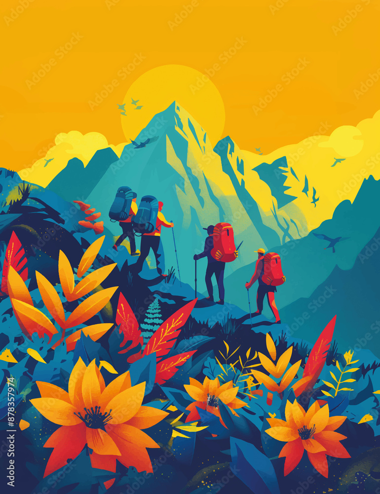 a group of mountaineers on a trekking tour in the mountains, ascending through a field of flowers, with a spectacular mountain in the background
a group of mountaineers on a trekking tour in the mountains, ascending through a field of flowers, with a spectacular mountain in the background