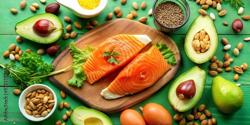 Wallpaper Mural Succulent salmon, creamy avocado, and delicate eggs on verdant backdrop, aerial perspective. Torontodigital.ca