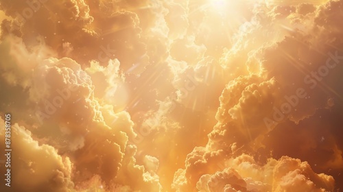 The sky view of white and gold clouds with sunlight breaking through, depicts the concept of God's light and spiritual hope