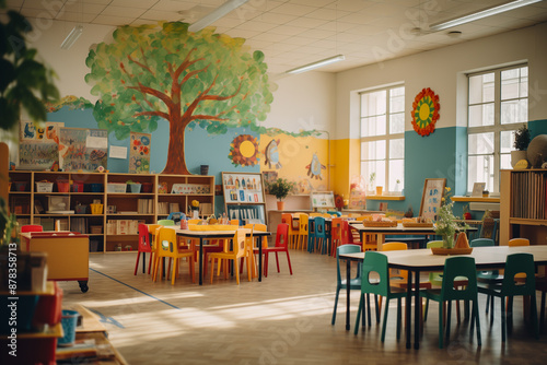 Bright colorful kindergarten classroom with playful decor and educational materials