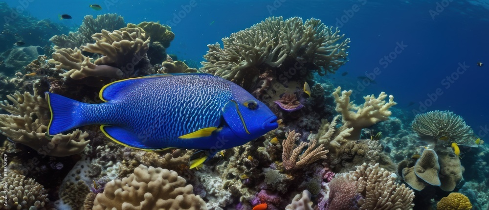 Panoramic view of a vibrant coral reef ecosystem teeming with colorful tropical fish and various corals in crystal-clear water. Panoramic view of a vibrant coral reef ecosystem teeming with colorful tropical fish and various corals in crystal-clear water.