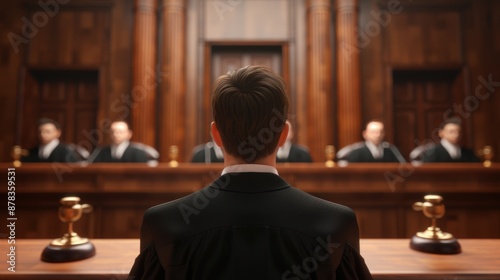 Rear view of a lawyer facing a panel of judges in a courtroom setting, emphasizing justice, legal proceedings, and the judicial system.