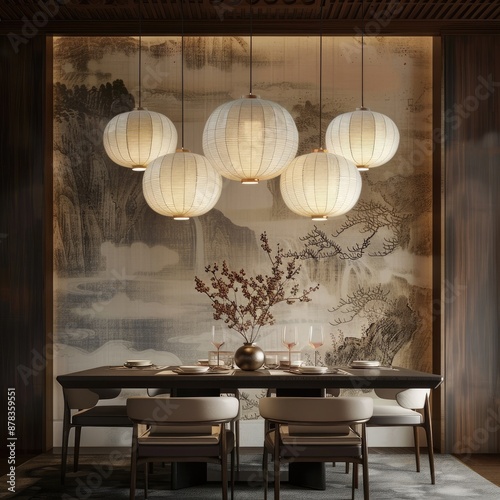 A dining space where East meets West with a lacquered oriental table and silk-upholstered chairs under the soft glow of paper lanterns photo