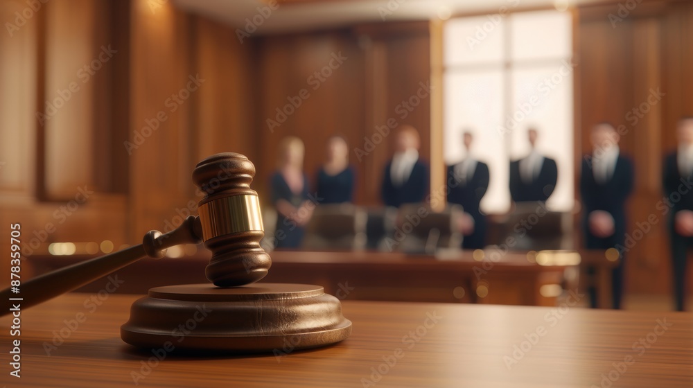 Wooden gavel in focus with blurred courtroom and lawyers in the background, representing legal system, justice, and judicial proceedings.