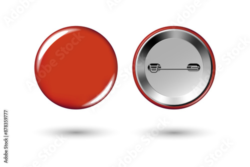 Red badge mockup. Round badge button brooch. Realistic red blank glossy round button badge pin with metal back cover. Vector illustration.