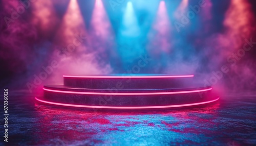 Round podium with neon color, with shining sequins and bokeh, advertising layouts for product presentations.