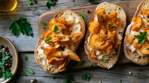 Chanterelle bruschetta. Open  sandwich, mushroom sandwich with chanterelles, cream cheese and fresh herbs on a wooden rustic table, close up.