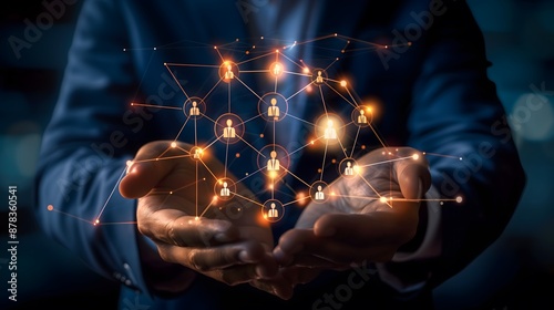Businessman Holding Digital Network of Human Connections, Networking Concept
