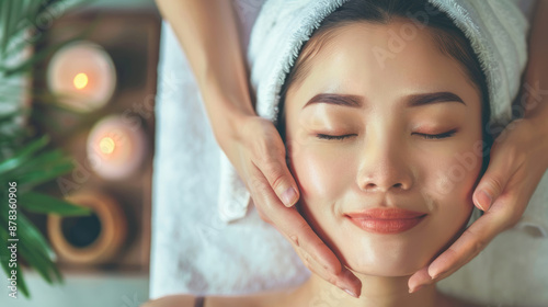 Young Asian woman receiving facial massage in spa salon, beauty treatment concept