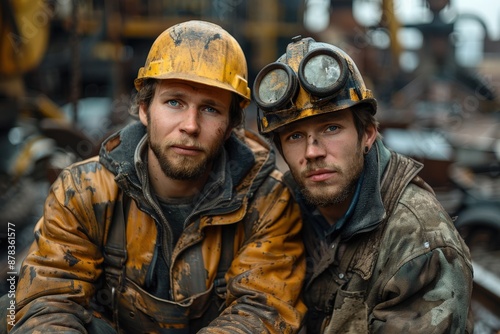 Two miners with dirty gear take a break from their toil, captured with dirt-smeared faces and protective helmets, highlighting the harshness of their demanding mining work.