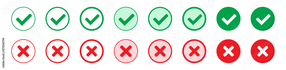 Right or wrong icons. Green tick and red cross checkmarks. Yes or no symbol, approved or rejected icon for user interface. Right or wrong icons. Green tick and red cross checkmarks. Yes or no symbol, approved or rejected icon for user interface.