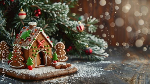 Gingerbread house cookies on festive background with copy space © 2rogan