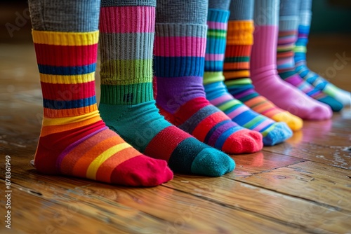 Odd Socks Day, Lonely Sock Day. Anti-Bullying Week, Down syndrome awareness. Child legs wearing different pair of mismatched socks on high-colored background copy space