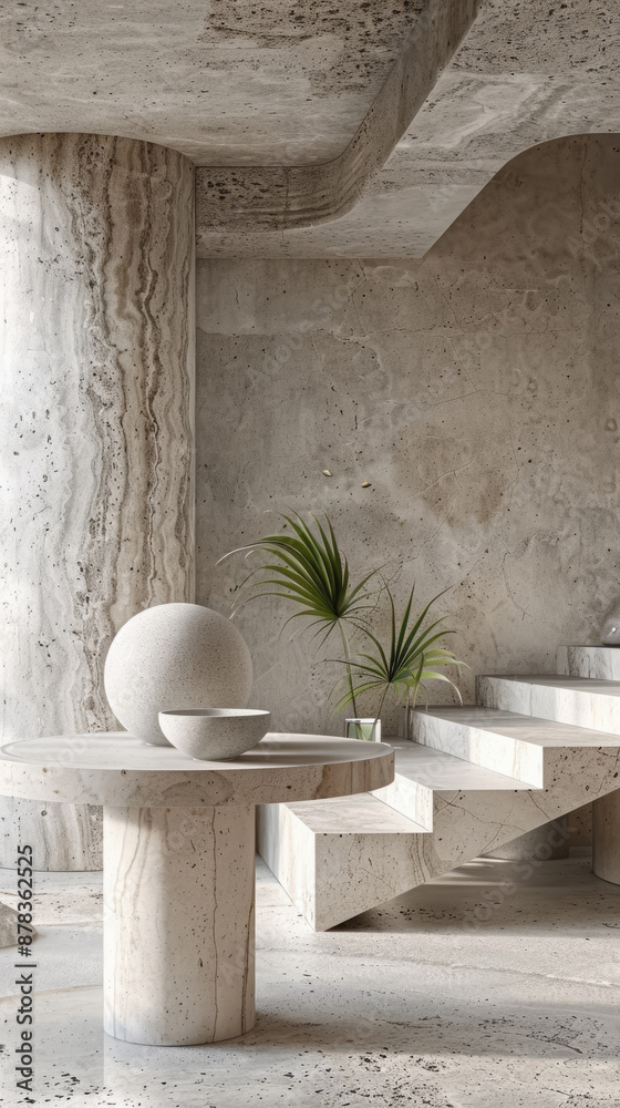 Obraz premium Concrete staircase with a round table and a globe in a minimalist interior