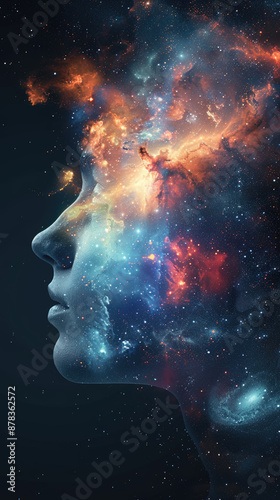 A close-up of a human face in profile, partially obscured by a nebula and stars