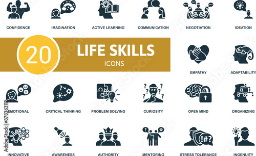 Life Skills icon set. Confidence, Imagination, Active Learning, Communication, Negotiation, Ideation, Empathy, Adaptability, Emotional, Critical Thinking icons and more