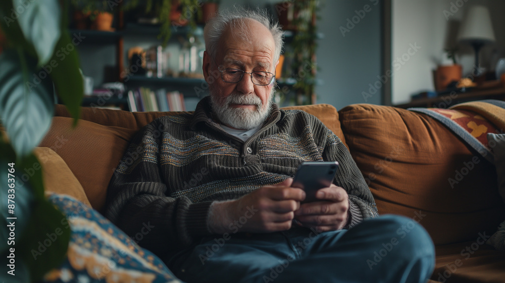 Elderly male on sofa with smartphone Elderly male on sofa with smartphone