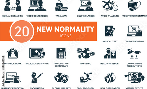 New Normality icon set. Social Distancing, Video Conference, Take Away, Online Classes, Avoid Traveling, Face Protection Mask, Medical Test, Online Shopping, Distance Work, Medical Certificate icons