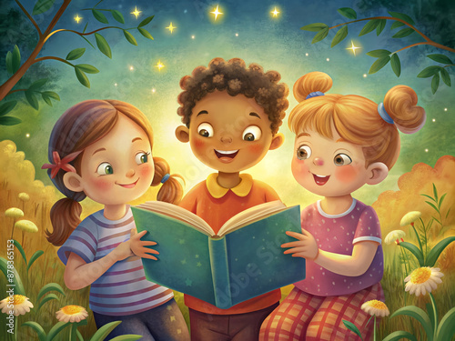 Two girls and a boy read a book in a clearing with flowers