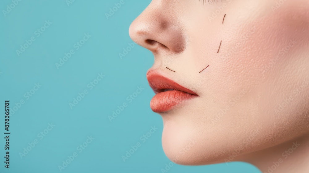 Close-Up Profile of Woman's Face With Markings for Cosmetic Procedures Close-Up Profile of Woman's Face With Markings for Cosmetic Procedures