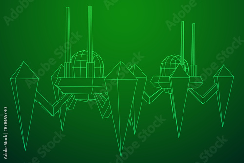 Spider robot with radar antenna. Nanobot, nanotechnology medical concept. Wireframe low poly mesh vector illustration