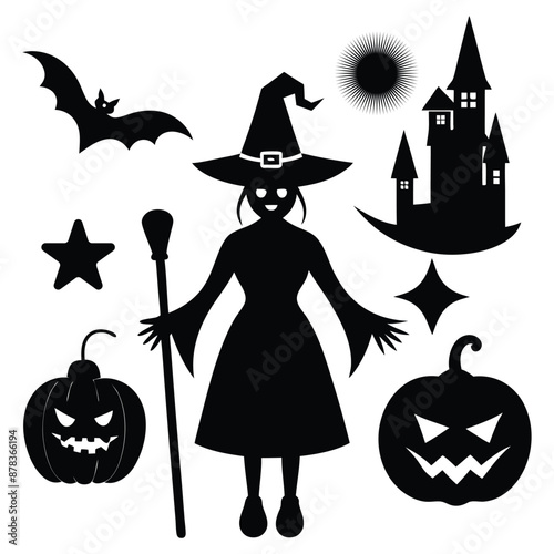 Vintage-Style Halloween Elements Retro Aesthetic Witches Silhouette vector Art illustration Bundle.