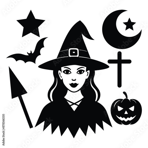 Vintage-Style Halloween Elements Retro Aesthetic Witches Silhouette vector Art illustration Bundle.