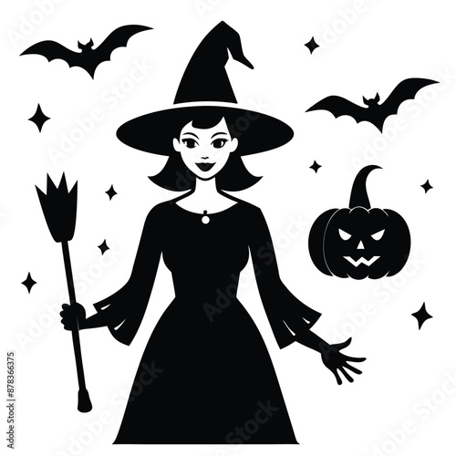 Vintage-Style Halloween Elements Retro Aesthetic Witches Silhouette vector Art illustration Bundle.