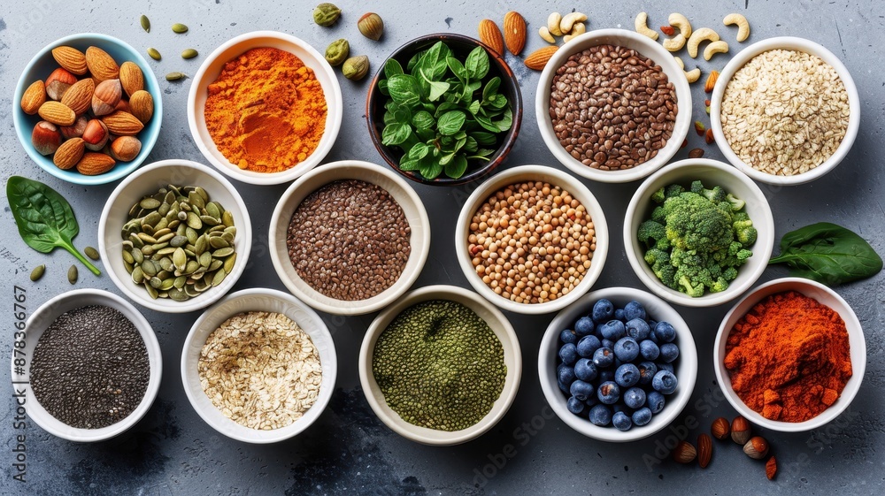 An assortment of superfoods in small bowls displayed on a gray surface, showcasing healthy and nutritious ingredients like spices, seeds, nuts, and fruits. An assortment of superfoods in small bowls displayed on a gray surface, showcasing healthy and nutritious ingredients like spices, seeds, nuts, and fruits.