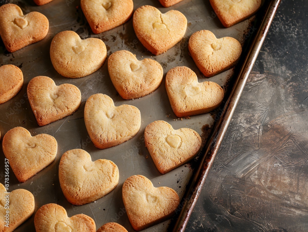 A baking sheet filled with freshly baked heart-shaped cookies. The cookies are golden brown and have a rustic, homemade look. A baking sheet filled with freshly baked heart-shaped cookies. The cookies are golden brown and have a rustic, homemade look.
