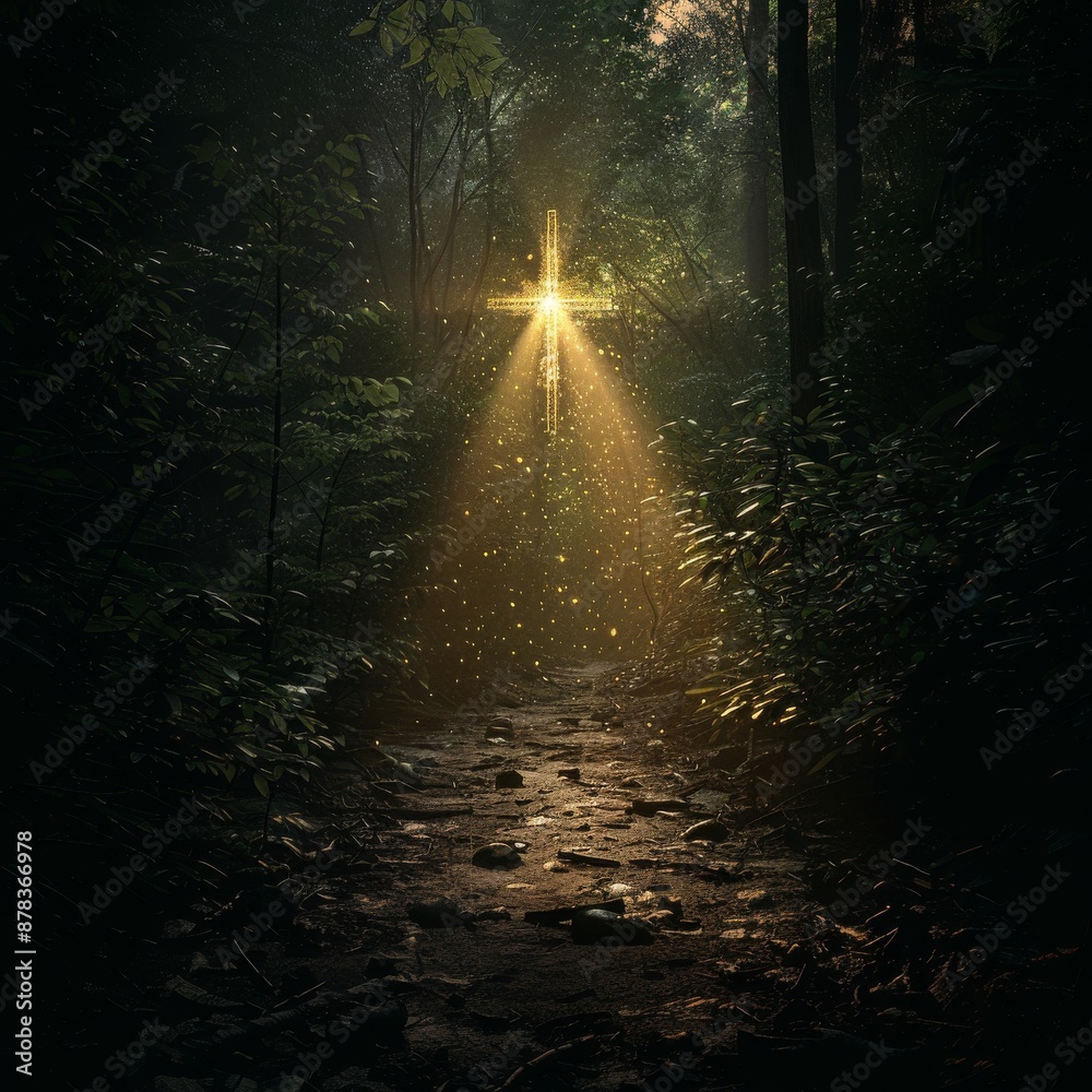 Obraz premium A beam of light shines through the trees in a dark forest, illuminating a path ahead.