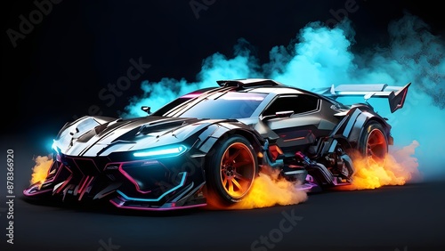 Futuristic sports car with neon lights and smoke, black background, high-speed. Generative AI