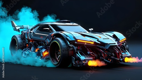 Futuristic sports car in cyberpunk style with neon colors and smoke background. Generative AI