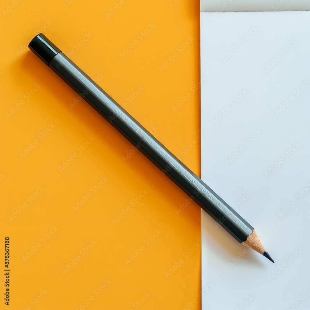 A black pencil lays on a white surface with an orange background. A black pencil lays on a white surface with an orange background.