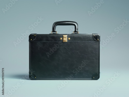 A black leather briefcase with a brass lock and handle, isolated against a light blue background.