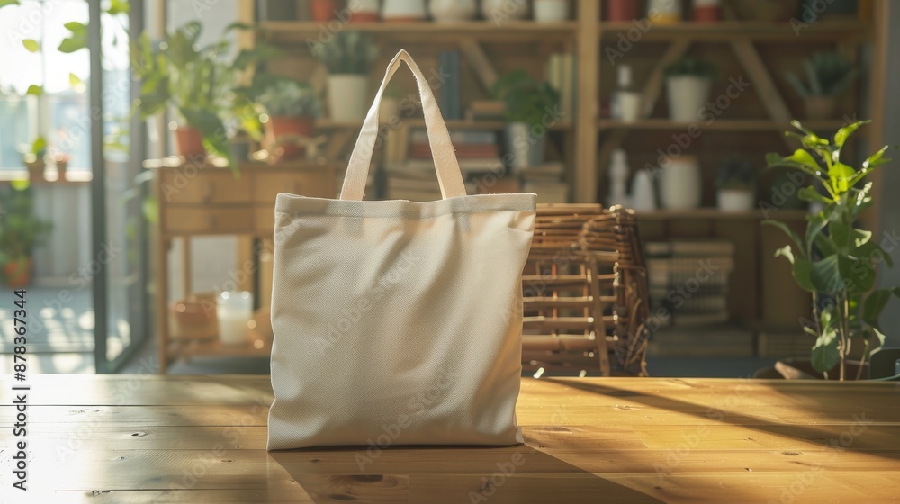 A blank white tote bag sits on a wooden table in a sunlit room. The bag is perfect for showcasing your design or logo. A blank white tote bag sits on a wooden table in a sunlit room. The bag is perfect for showcasing your design or logo.