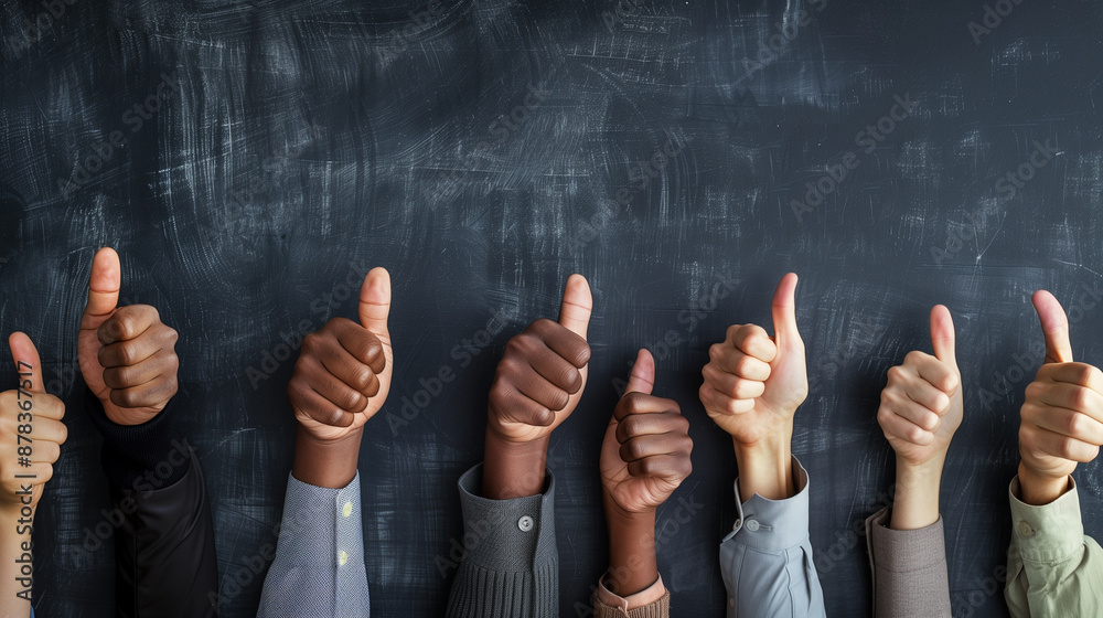 Fototapeta premium Diverse Group Giving Thumbs Up Against Chalkboard Background